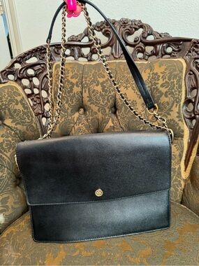 Tory Burch Robinson - Black Leather Chain-Trim Shoulder Bag